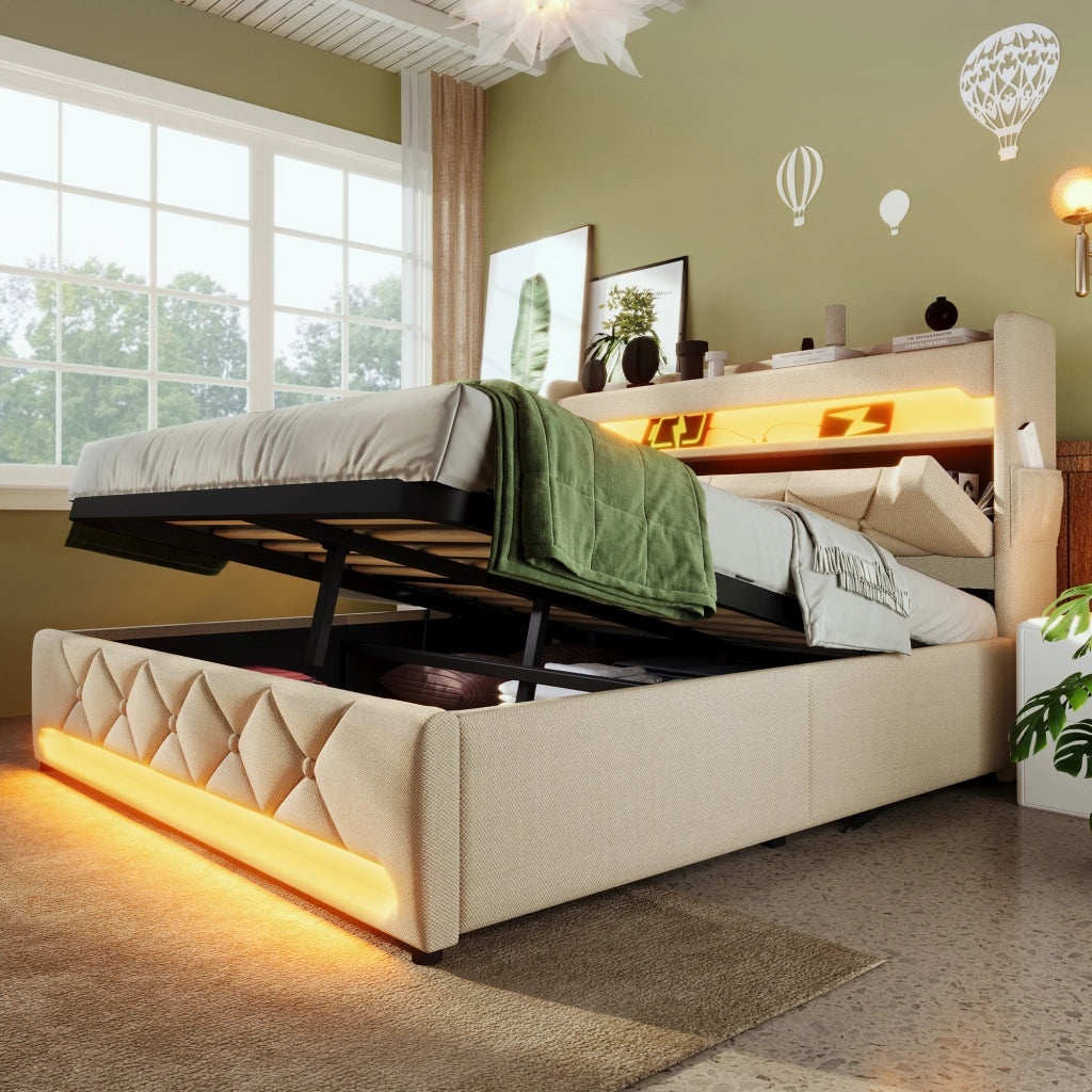 Letto matrimoniale contenitore 160x200 cm con testiera USB-C; LED su testiera e pediera; rivestimento in lino beige