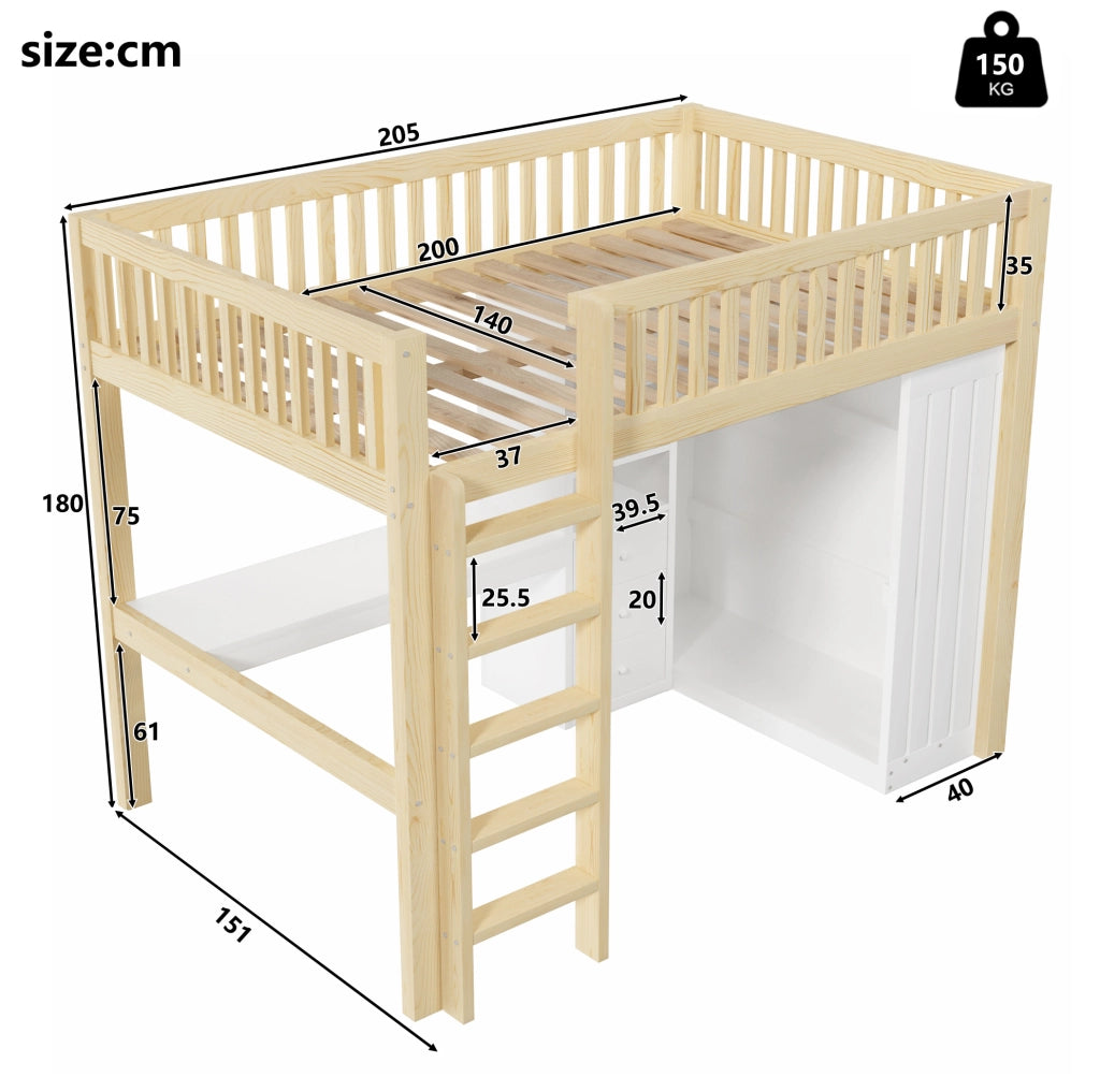 Letto a soppalco 140x200 cm con scrivania; guardaroba; 3 cassetti; in legno di pino e MDF; naturale