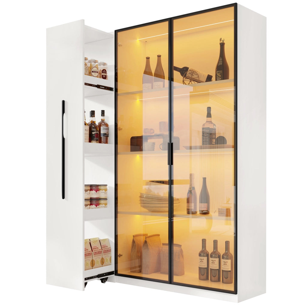 Vetrina 110.5x35x160 cm con LED integrato e vano laterale estraibile in MDF bianco