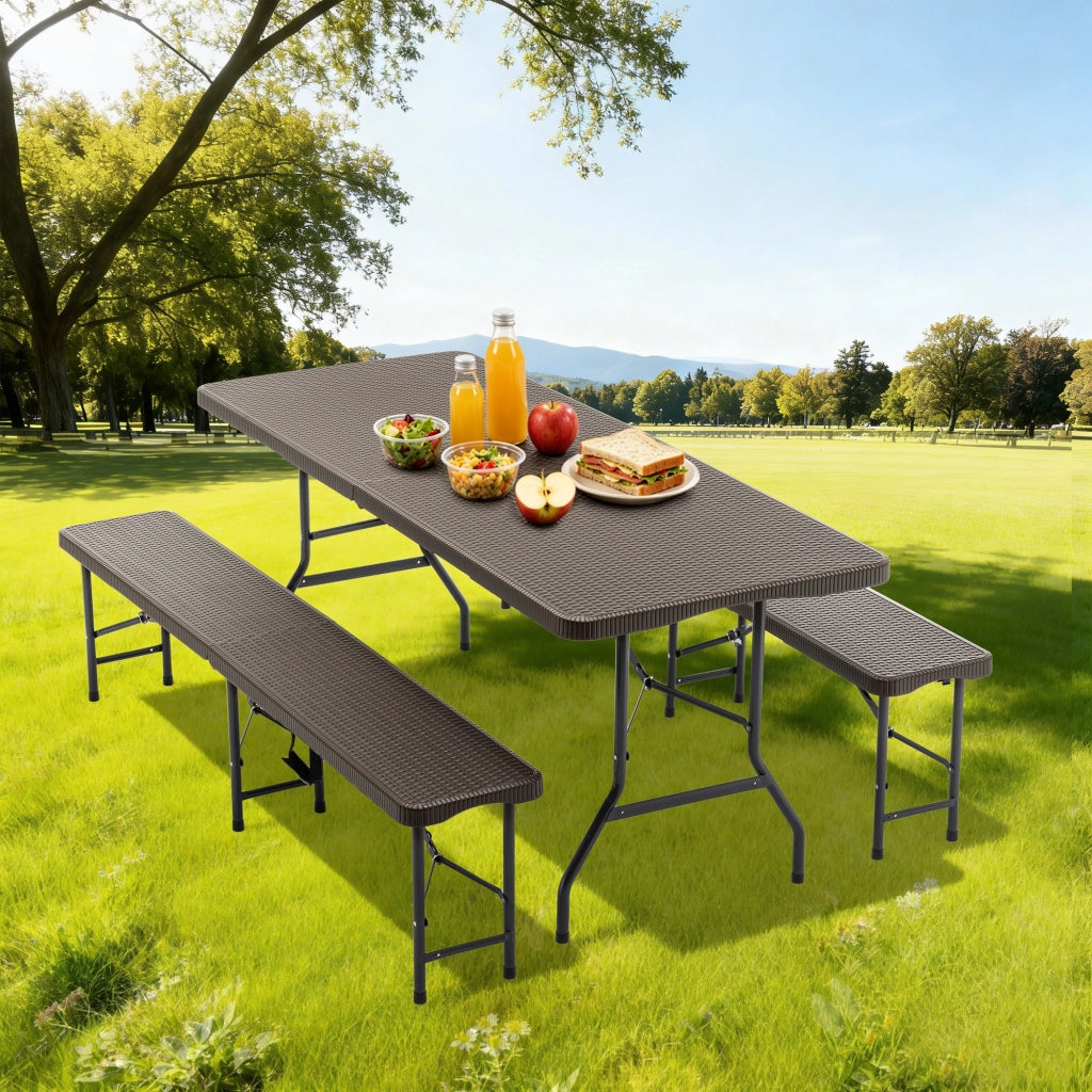 Set tavolo da picnic pieghevole 3 pezzi con 2 panche; 183 cm; HDPE marrone