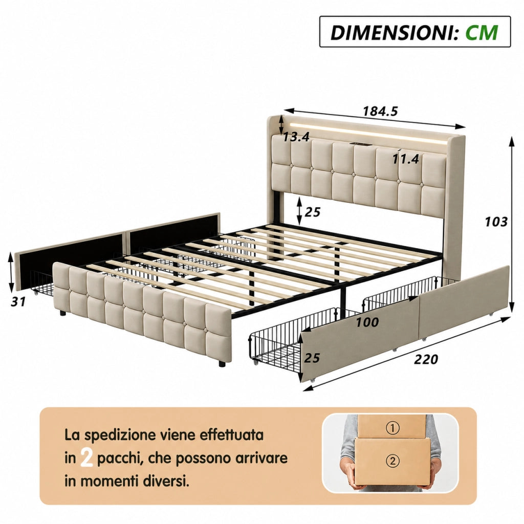 Letto matrimoniale 180x200 cm tessuto lino beige, testiera imbottita con luci RGB‑LED, porte USB, controllo app e telecomando, 4 cassetti contenitori su ruote, doghe in legno