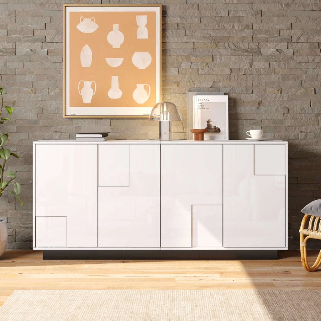 Sideboard da soggiorno 160x37x75;5 cm con 4 ante; bianco lucido e base nera