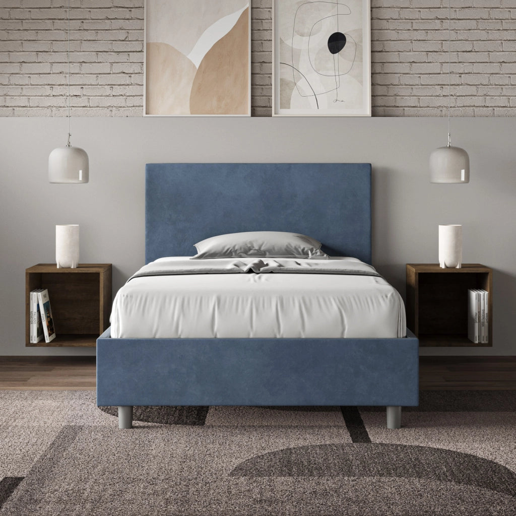 BS COM Letto una piazza e mezza con rete imbottito 110x190 microfibra blu