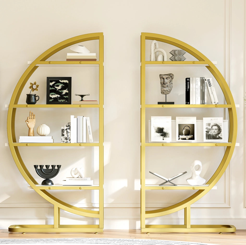 Libreria 120x30x130 cm modulare ad arco; 2 pezzi in MDF e acciaio oro e bianco