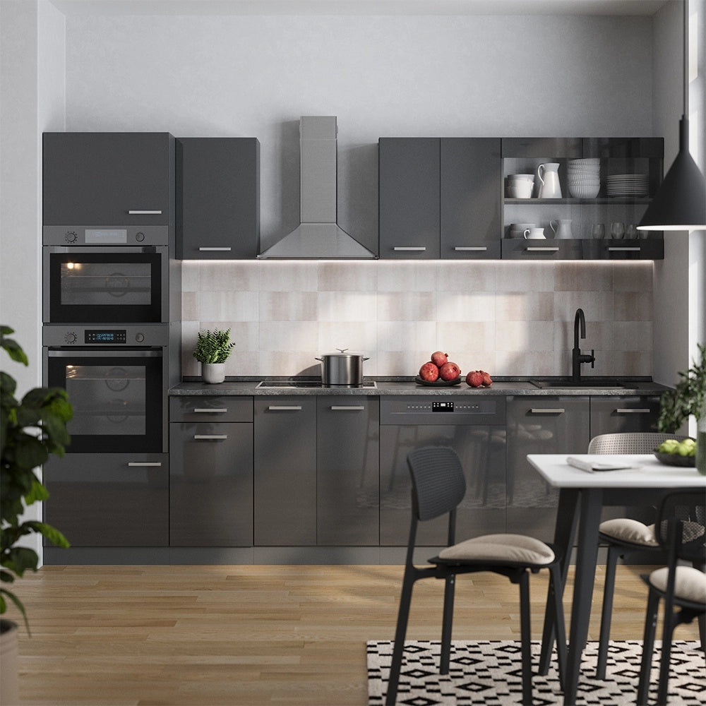 Cucina componibile R-Line Antracite lucido/Antracite 300 cm con armadio alto, PL Antracite Vicco