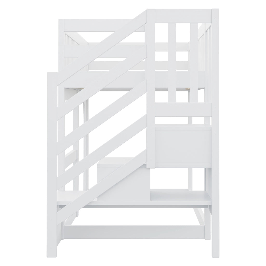 Letto a soppalco a casetta 90x200 cm con porta; finestra; scala contenitore; area gioco; LED e rete; legno bianco