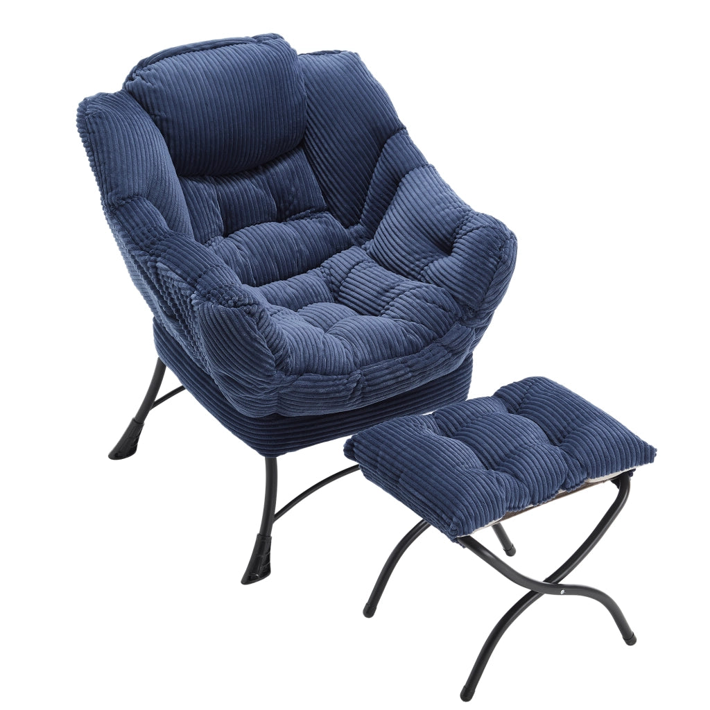 Poltrona relax moderna con poggiapiedi e tascone laterale - Zephmum - Blu marino per spazi piccoli