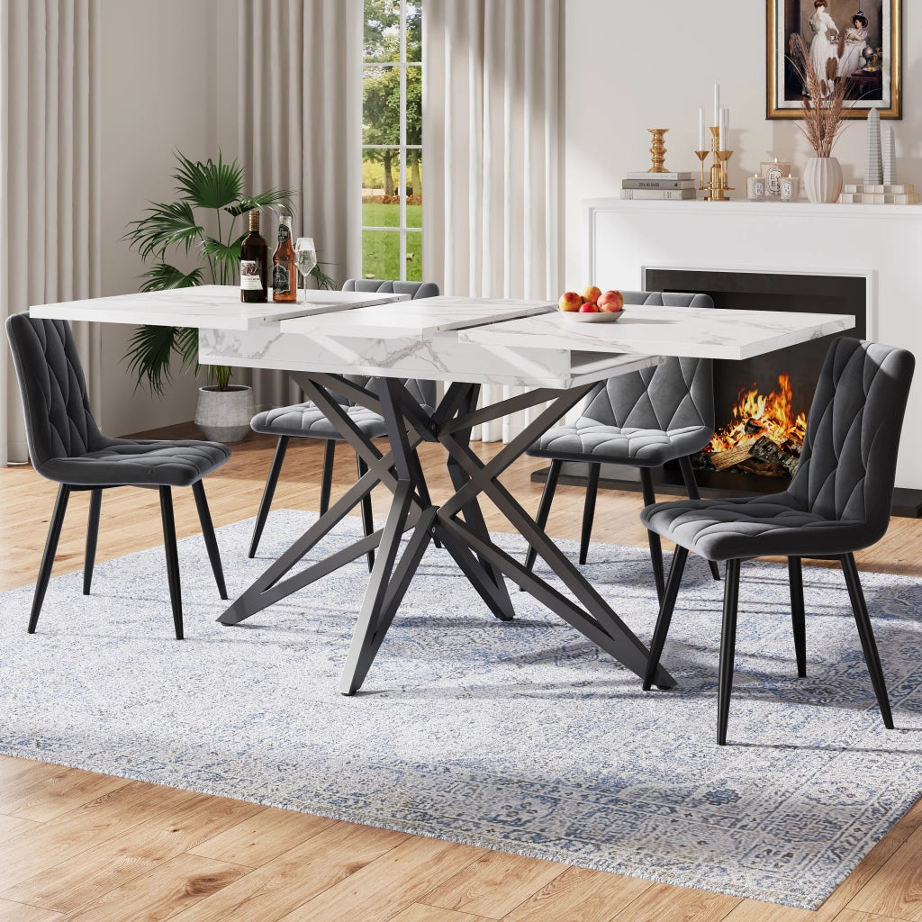 Tavolo da Pranzo Allungabile con 4 Sedie ¨C MINIMAL ¨C Piano Nero, Velluto Grigio Scuro, 120/160x68 cm