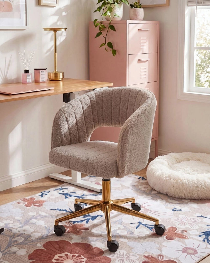 Sedia da Ufficio Girevole in Bouclé Beige Regolabile in Altezza con Schienale Capitonné