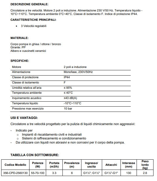 Pompa circolatore acqua sanitaria per caldaia termocamino elettropompa 25/60-130