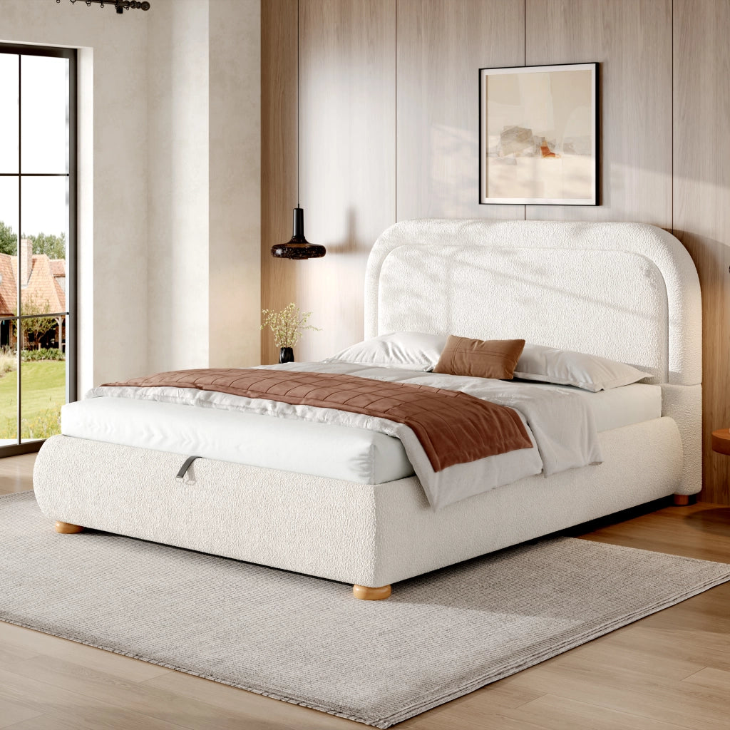 DESMIU Lit coffre 160 × 200 cm 2 posti con contenitore idraulico, senza materasso, in bouclé bianco