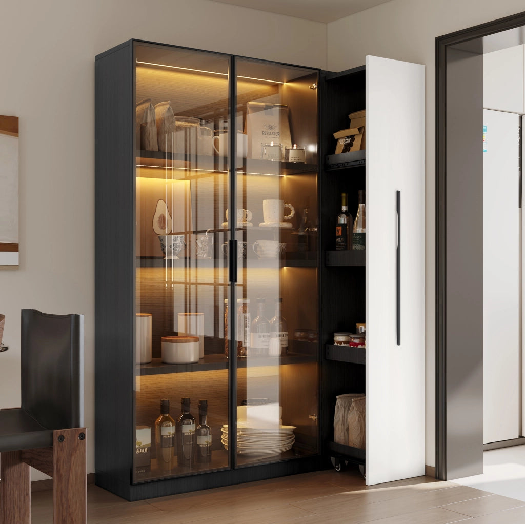 Armadio vetrina 110.5x35x160 cm con LED e ripiano laterale estraibile in MDF e vetro bianco e nero