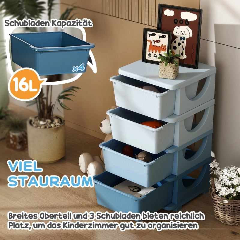 Scatole portaoggetti per bambini, 4 cassetti, bordi arrotondati, design in rilievo, in plastica, blu