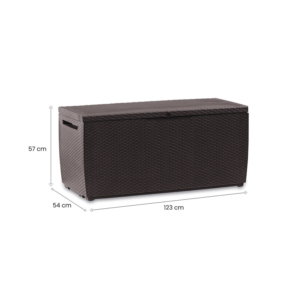 Cassapanca outdoor Chicoutimi, Baule da giardino, Contenitore da esterno, Panchina contenitore da esterno, 123x54 h57 cm, Marrone