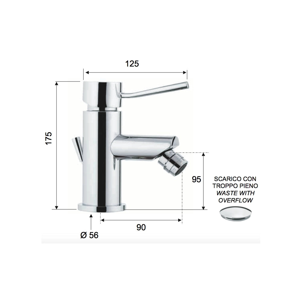 Rubinetto per bidet con o senza scarico e aeratore direzionale serie minimal
