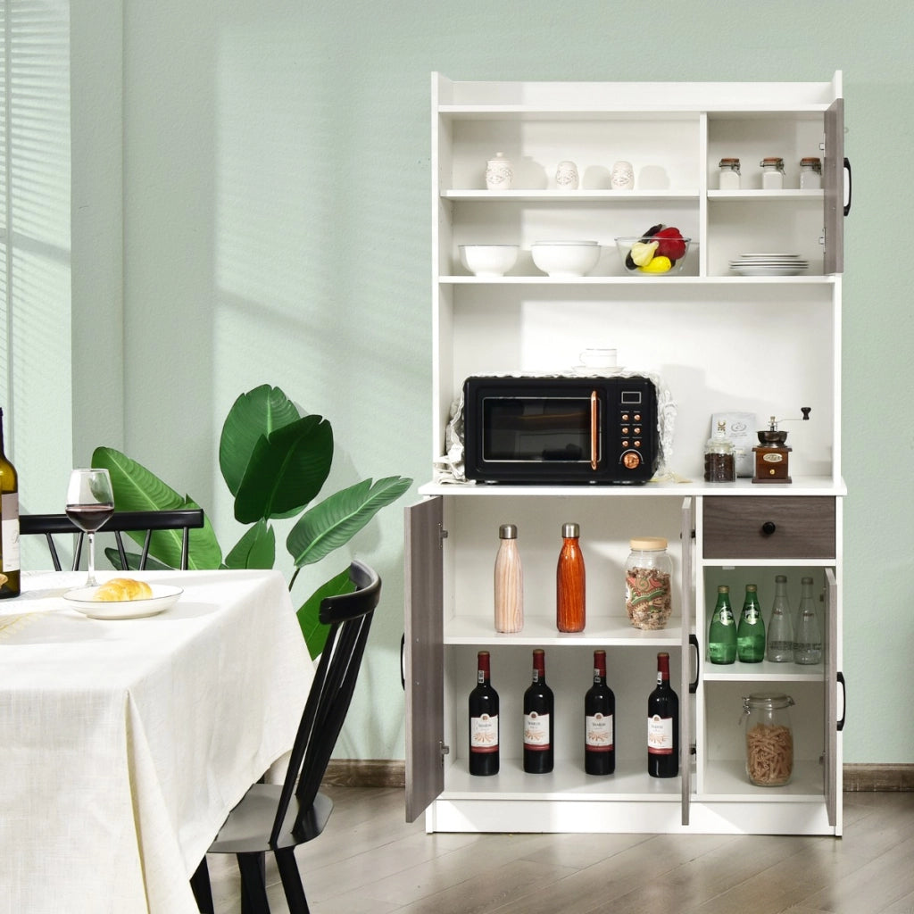Armadio da cucina alto 180cm con stazione di ricarica integrata, Buffet con vetrina piano per microonde cassetto Bianco