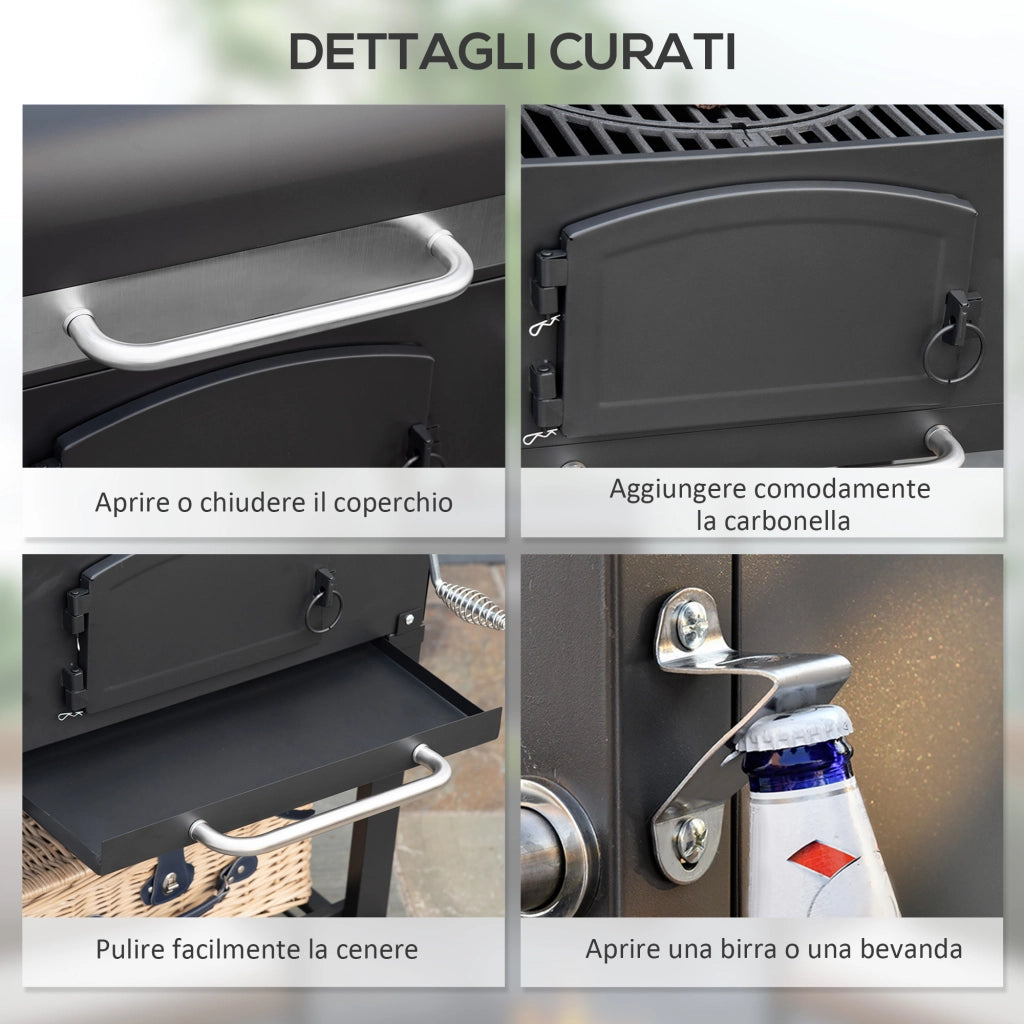 Barbecue a 2 Ruote con Griglia Affumicatore e Fornello ¨C Xylo ¨C Metallo Ghisa Nero 124x66x112cm