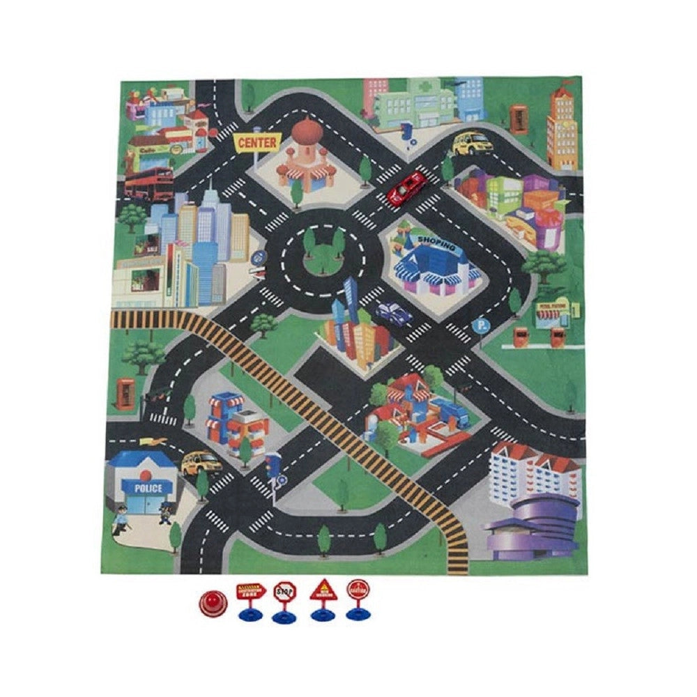 Trade Shop - Tappeto Disegno Città Pista 80x70cm Playmat Kids Con Accessori Arredo Cameretta -