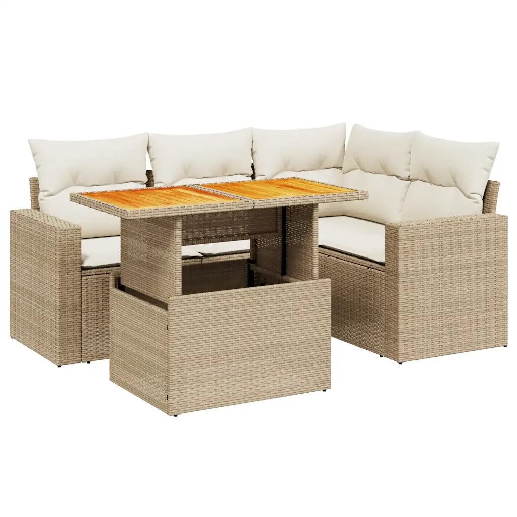 Set Divano da Giardino 5 pz con Cuscini Beige in Polyrattan