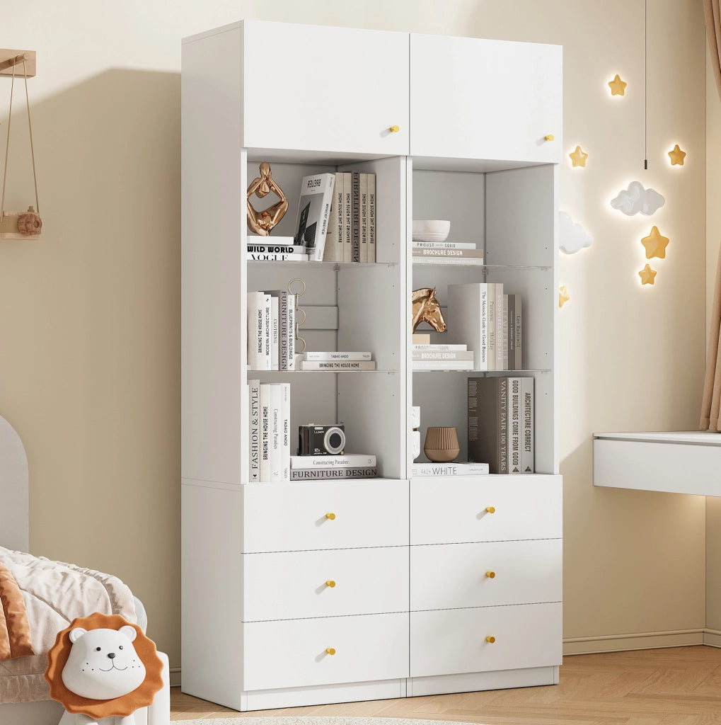 Set da 2 vetrine alte con ripiani in vetro regolabili e 3 cassetti; bianco; 100x40x180 cm