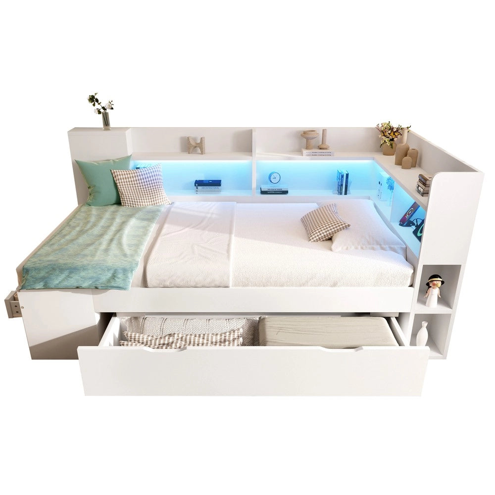 Letto Singolo con LED, USB, Cassetti e Rete a Doghe ¨C MINIMAL ¨C Bianco 90x200, con Materasso