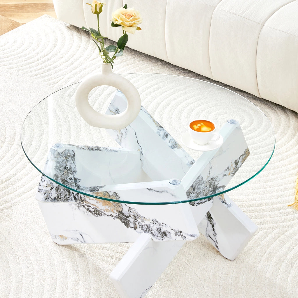 Tavolino rotondo in MDF e vetro multicolore opzionale: gambe di supporto con motivo effetto marmo bianco, semplici ed eleganti. Diametro 79 cm, piano