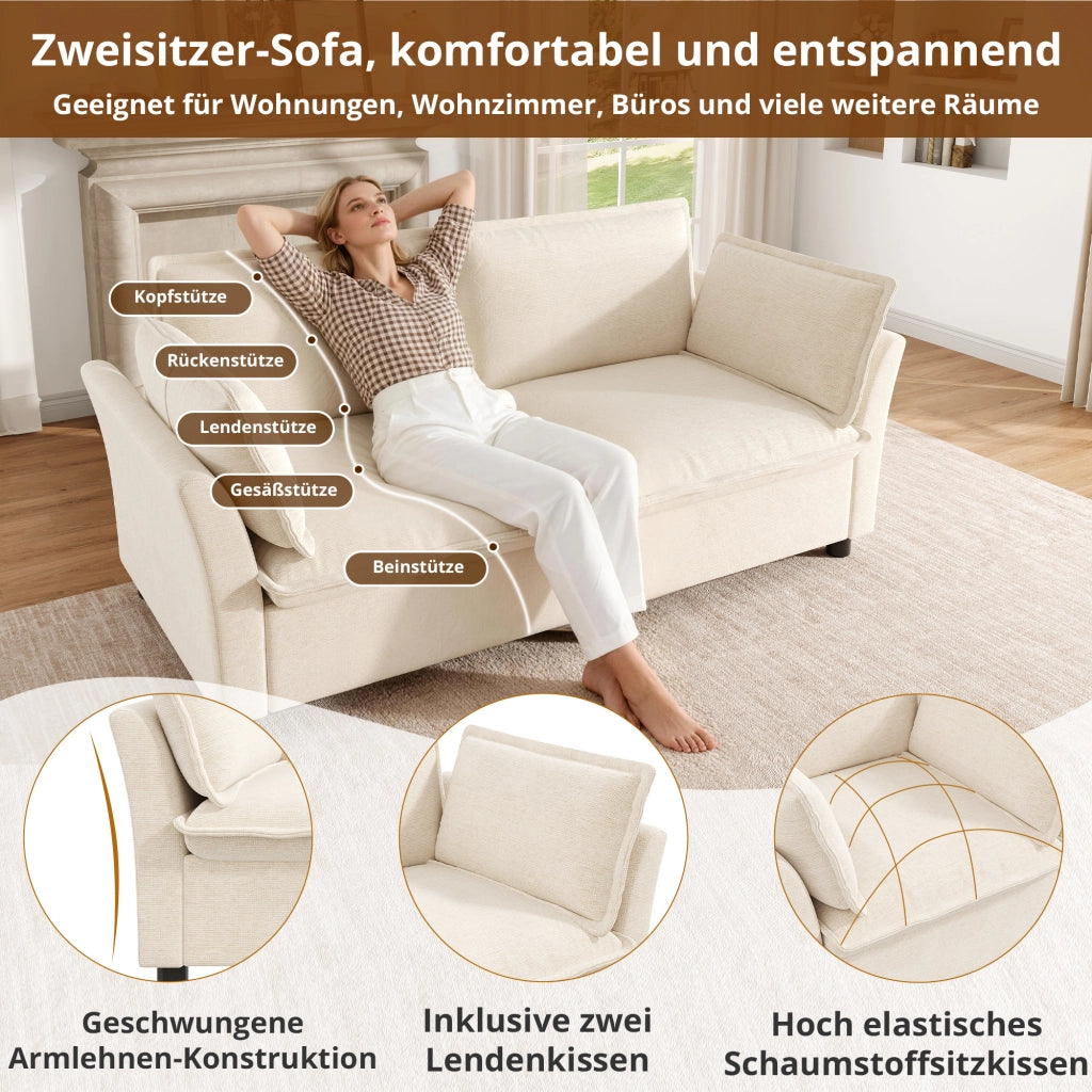 Sofa 2 posti in Chenille Beige, design moderno, 2 cuscini bracciolo, montaggio semplice