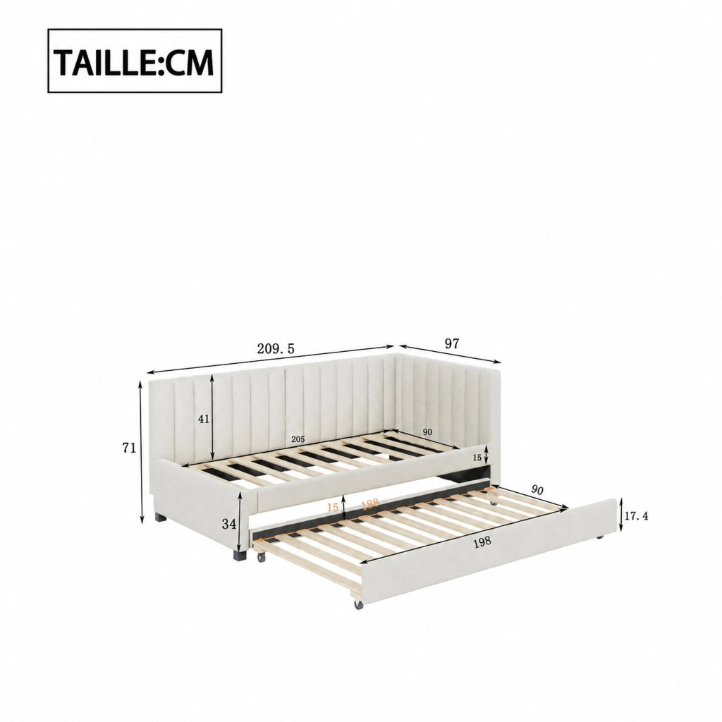 DESMIU Lit gigogne 90 × 200 cm 1 place con letto estraibile, senza materasso, in velluto beige