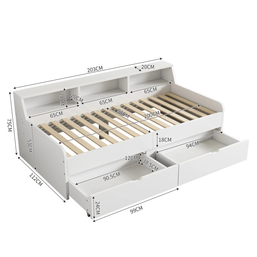DESMIU Letto singolo 90 × 200 cm con 2 cassetti e 3 vani portaoggetti, senza materasso, in legno di pino e MDF, bianco