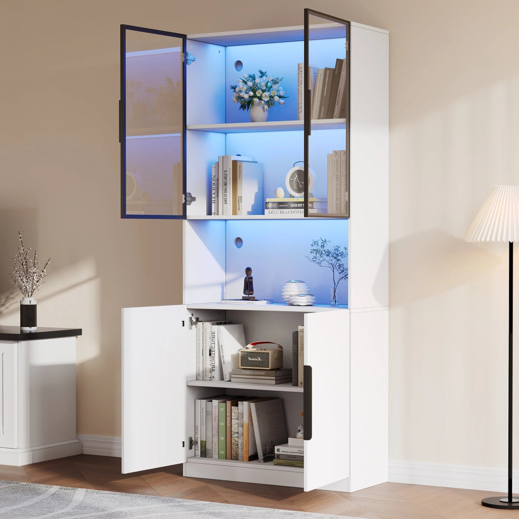 Vetrina con ante in vetro; vano aperto e illuminazione LED - 80x30x200 cm - bianco
