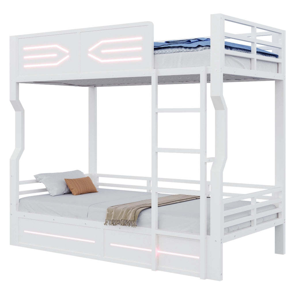 Letto a castello con scala dritta e LED 90x200 cm in MDF e metallo; bianco