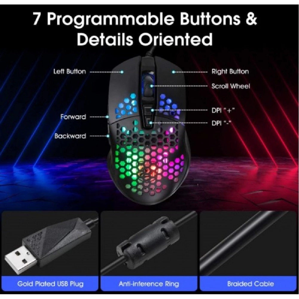 Trade Shop - Mouse Da Gioco Cablato Usb Macro Definition 7 Tasti Programmabile Luce Rgb Qm1 -