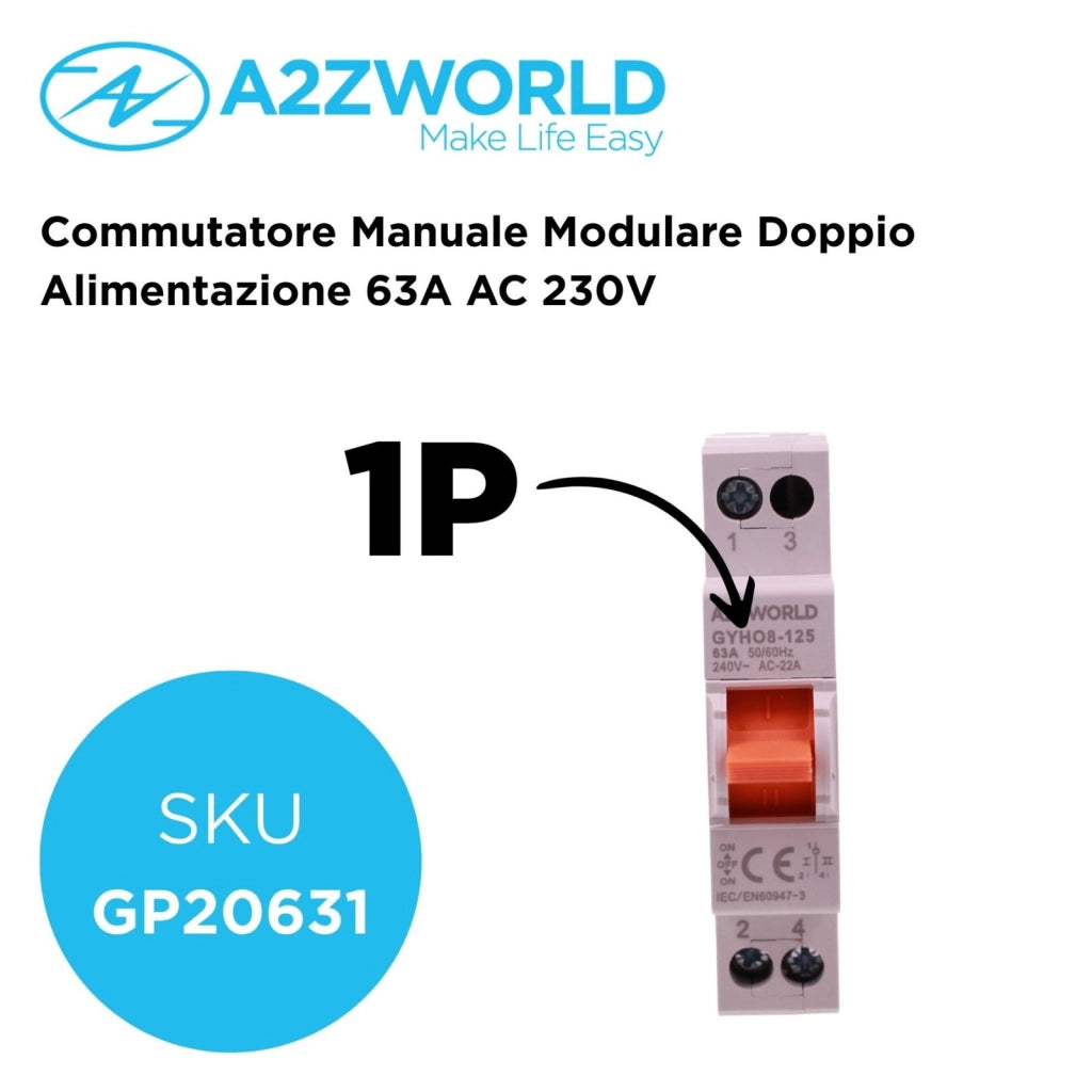 Commutatore di Rete Manuale I-0-II, 63A AC 220/380V, per Rete Principale e Alimentazione di Riserva, Disponibile 1P 2P 4P (1P)