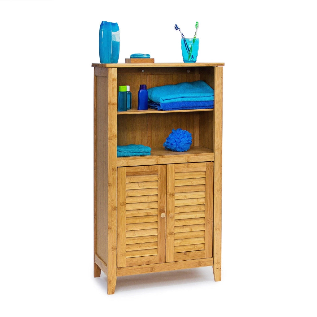 Piccolo mobiletto/scaffale/tavolino in bambù con 2 ante adatto per bagno o soggiorno multifunzionale 92 cm 3213056