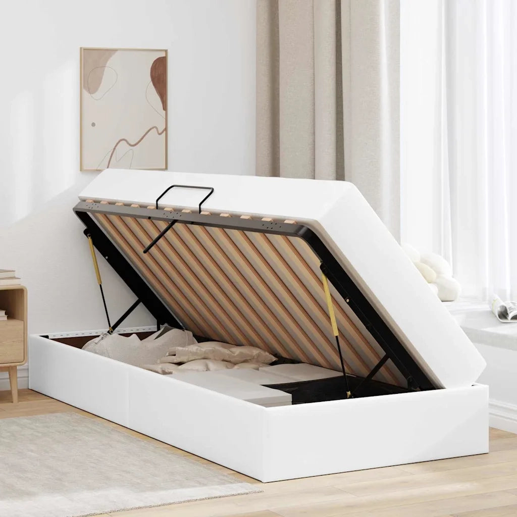 Letto con contenitore e materasso 2 pcs Bianco Pelle