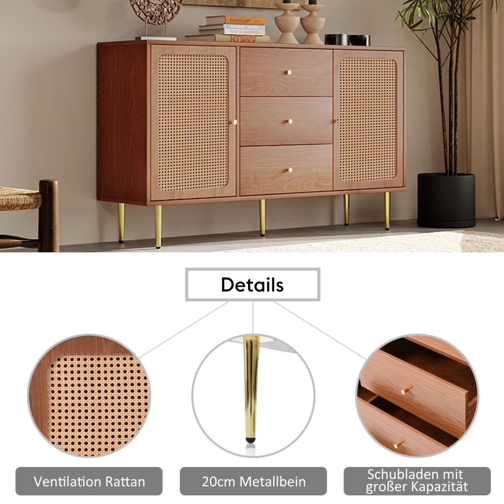 Comò con 3 cassetti e 2 ante; colore noce; 150x40x90 cm; in MDF; truciolare e metallo