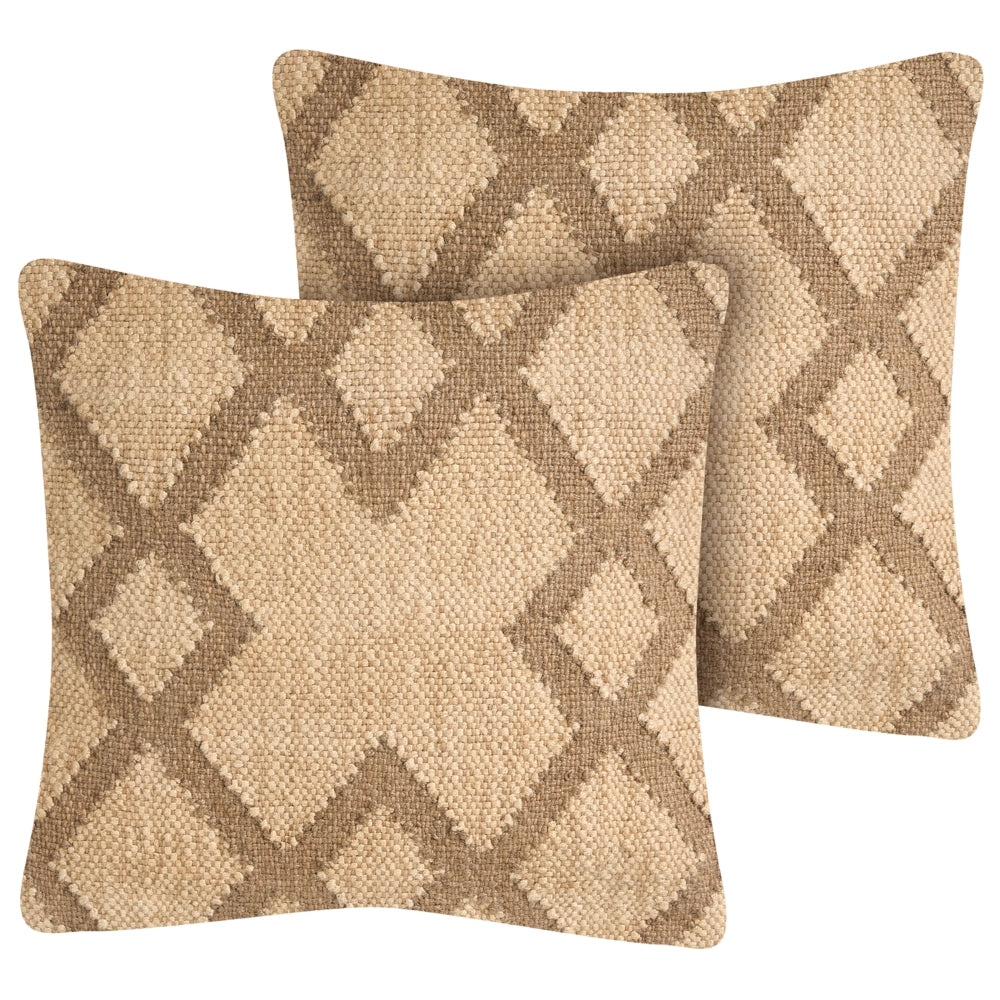Set di 2 cuscini in iuta e lana beige e marrone chiaro motivo geometrico 45 x 45 cm camera da letto soggiorno