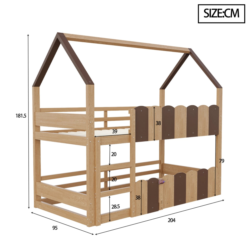 Letto a castello per bambini 90x200 cm con design a casetta e sponde di sicurezza