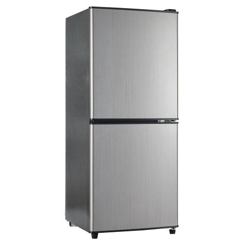Mini frigorifero; congelatore; volume totale 106L; compartimento frigorifero da 60L; compartimento freezer da 46L; illuminazione LED; mensole regolabili; efficiente energetico; nero+argento