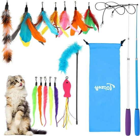 Kit da pesca per gatti 16 pezzi - Asta estendibile - Giocattoli con setole, vermi e pesce - Sonagli - Borsa di trasporto