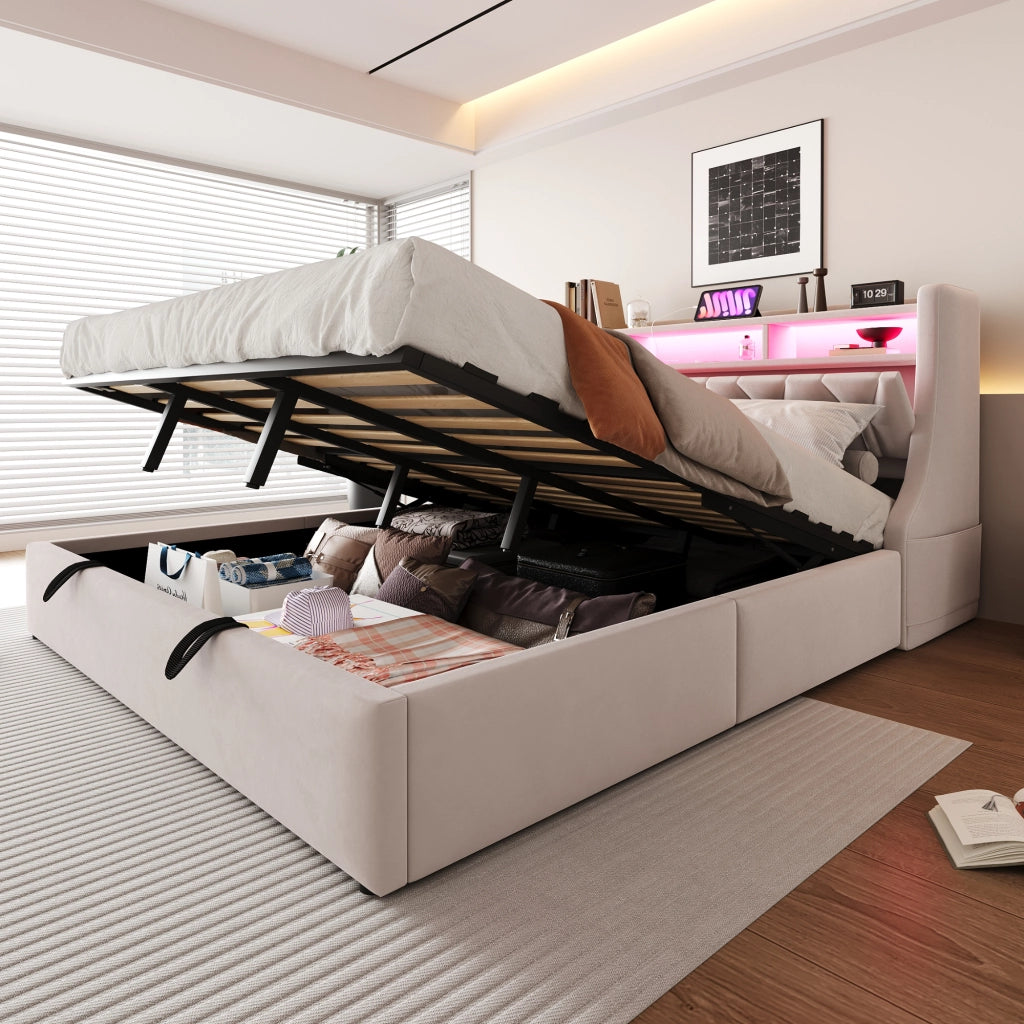 Letto matrimoniale contenitore 180x200 cm con testiera ribaltabile; prese; LED e piedi maggiorati; velluto beige