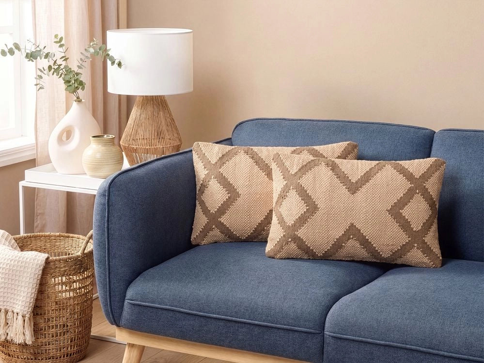 Set di 2 cuscini in iuta e lana beige e marrone chiaro motivo geometrico 30 x 50 cm camera da letto soggiorno