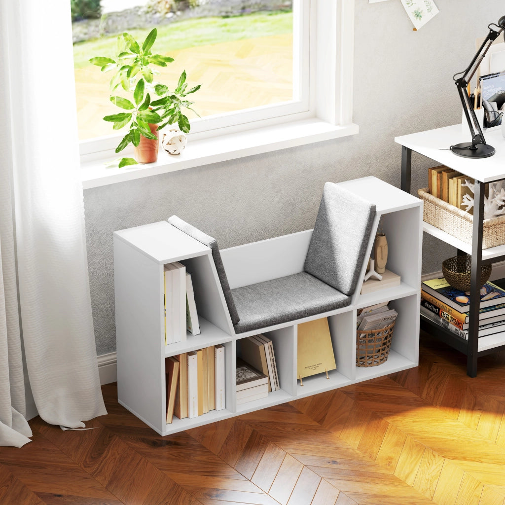 Libreria con cuscino di seduta, ripiano contenitore con 6 scomparti, effetto lino, piccola libreria per soggiorno, camera da letto, 105 x 30 x 63 cm,