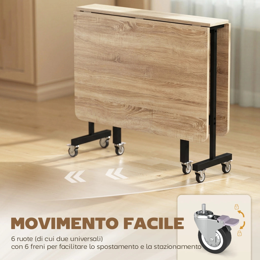 Tavolo Pieghevole per 4-6 Persone con 2 Ribalte e Ruote con Freno, 120x80x73 cm, Rovere