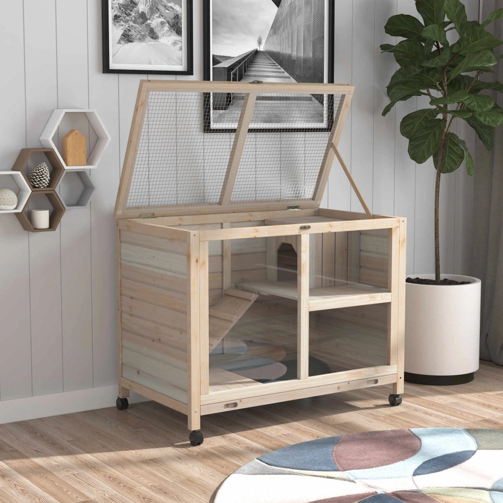 Gabbia per conigli a 2 piani con ruote ¨C Xylo ¨C legno massello naturale 91,5x53,3x73 cm