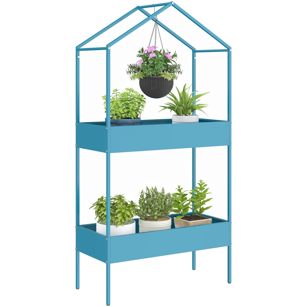 Scaffale Piante 2 Livelli ¨C Xylo ¨C Metallo Forma Casa Blu-Verde