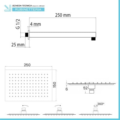 Kit doccia braccio 25 cm e soffione rettangolare 25x15 cm cromato lucido