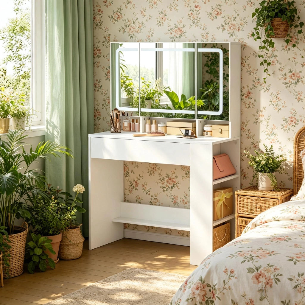 Toeletta con specchio LED; cassetto; armadietti e vani aperti per camera da letto; in MDF e vetro; bianco; 90×40×135 cm