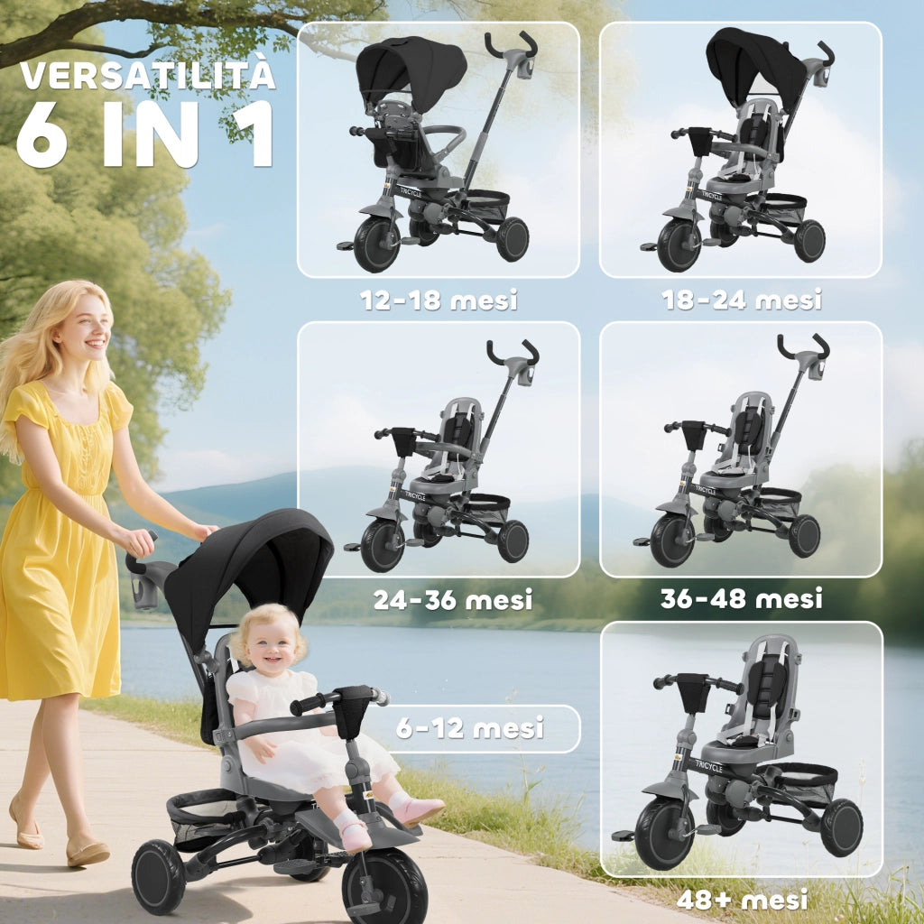 Triciclo 6 in 1 ¨C Xylo ¨C con maniglione di spinta e sedile girevole, nero, 111.5x52x98 cm