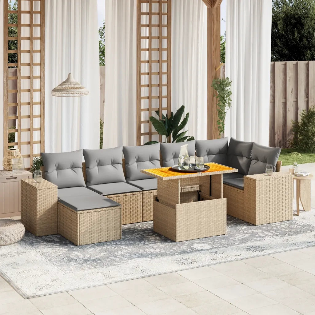Set Divano da Giardino 8 pz con Cuscini Beige in Polyrattan